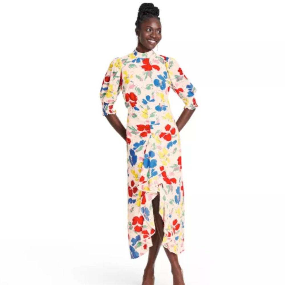Floral Mock Neck Cascade Ruffle Dress